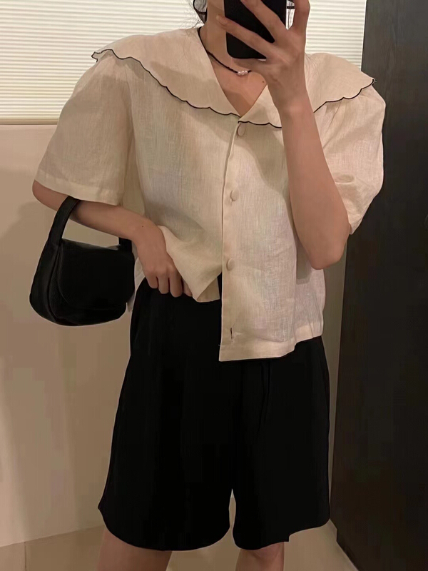[tototellme] baby collar color contrast single breasted shirt 20593\hbx