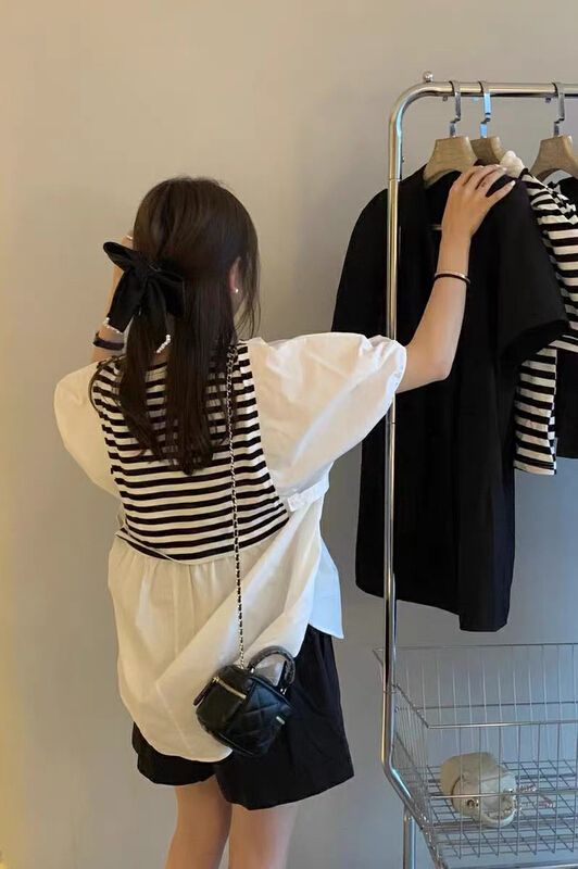 [British rights society] stripe contrast bubble sleeve short sleeve T-shirt 5507\xyy