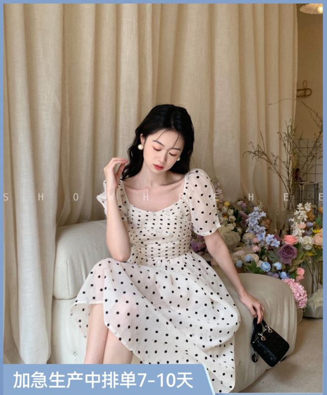 [xiuxixi] French Polka Dot square neck bubble sleeve waist dress 8115\jhy