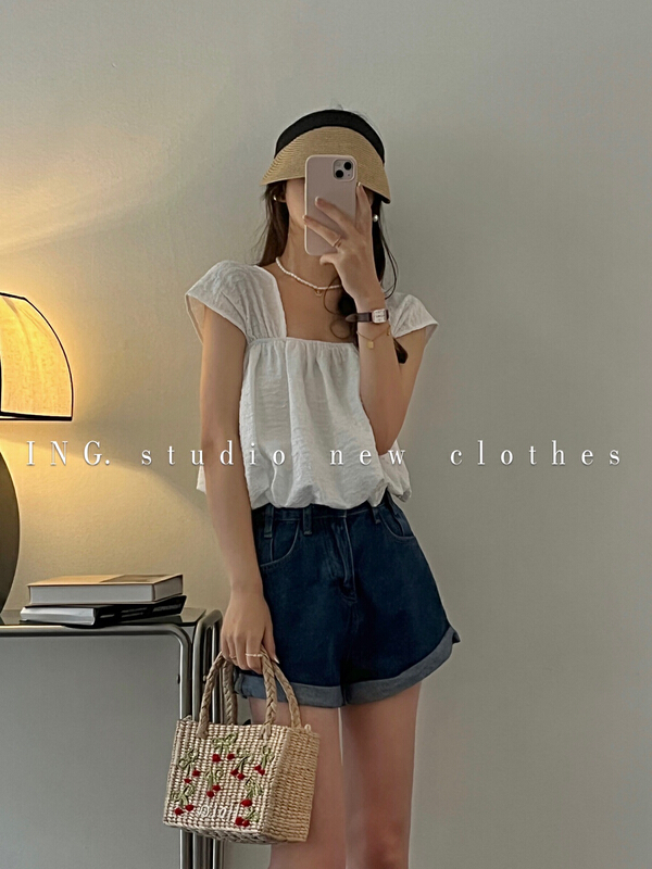 [ing] square neck pleated Zou Lantern Design Top Shirt ing-7860