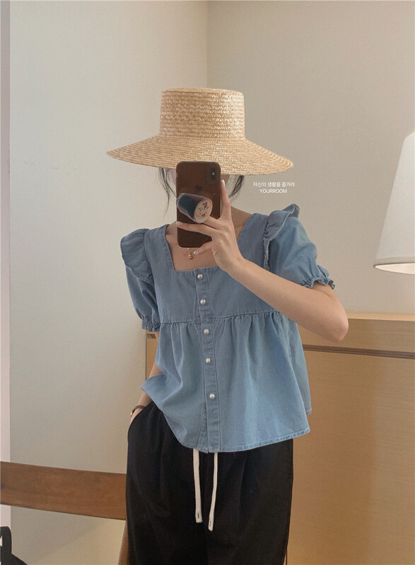 [your room] Korean version lotus leaf collar single breasted square collar denim shirt 9271\zxx