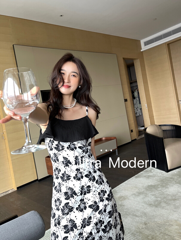 [um micron] elegant print suspender dress 66511\hjy