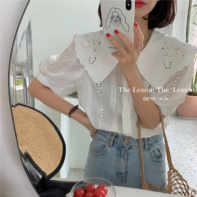 [lemon green tea] Korean Lace Embroidery Shirt 2211\hjy