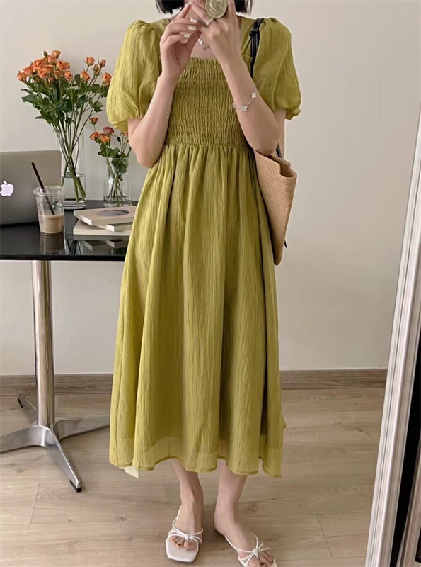 [Zoe Zoe] Korean style square neck elastic fold bubble sleeve back strap dress c1029\zjy