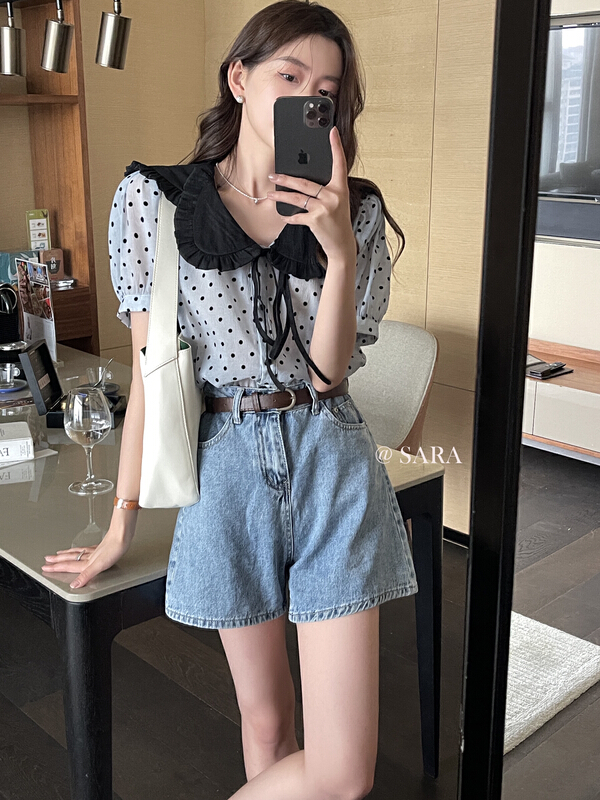 [Sara] Korean aging lotus leaf collar button up Polka Dot Shirt ys1-88108\lwy