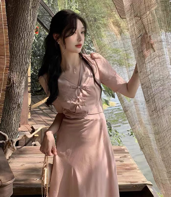 [are studio] new Chinese button V-neck floral dress 81376\zxx