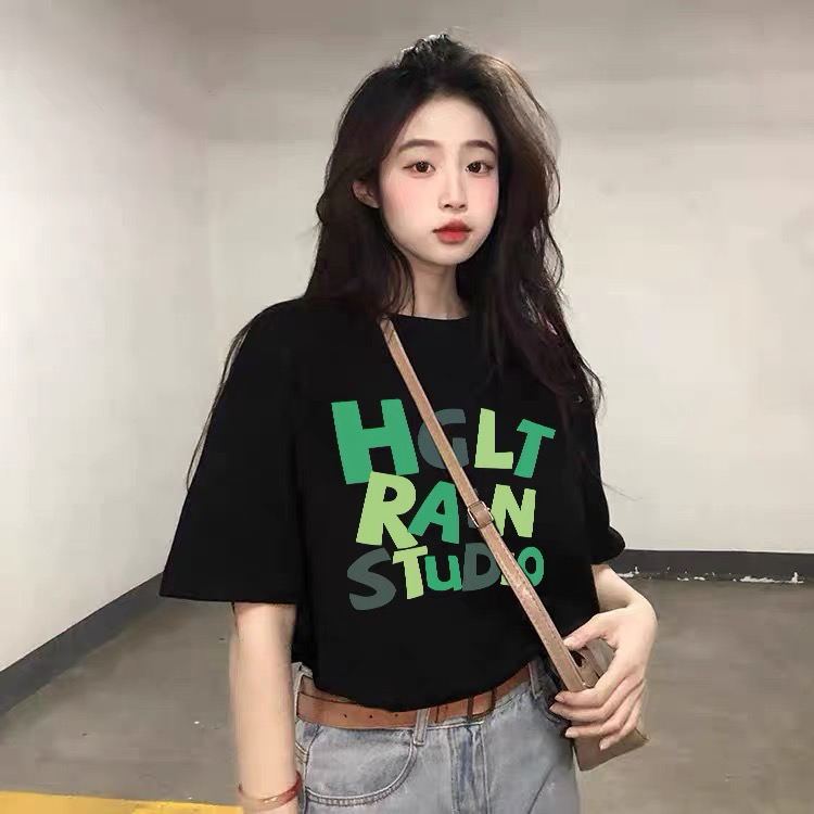 [9319] contrast green letters versatile short sleeve T-shirt 995\l