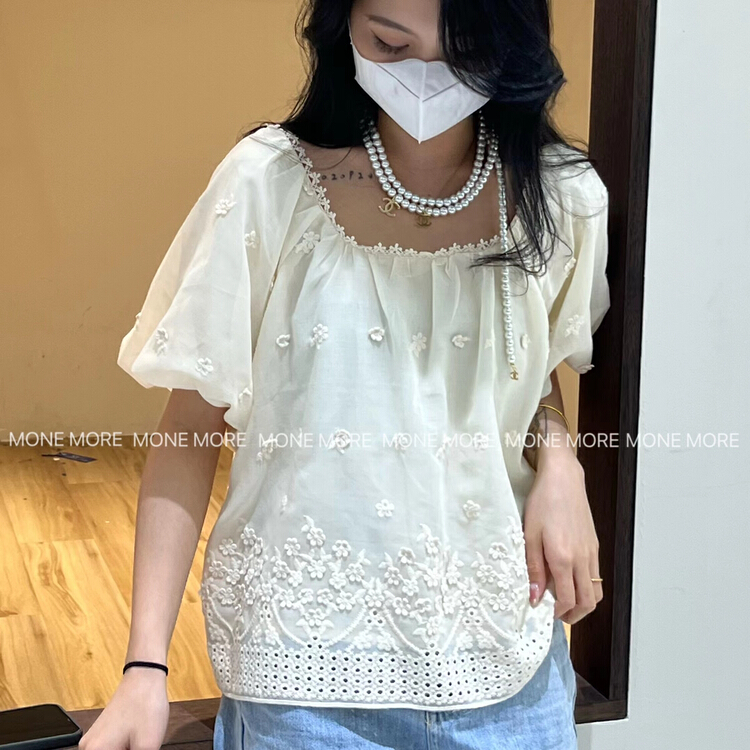 【 mone more foam home 】 lace lace bubble sleeve three-dimensional flower embroidery shirt 8133\hbx