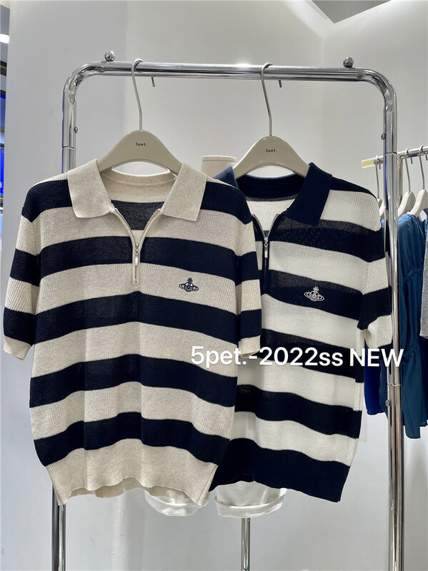 [5pet] linen stripe polo collar T-shirt 8866\xyy