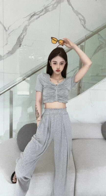 [top] design wrinkled short sleeve T-shirt + high waist casual pants set 9225\zjy