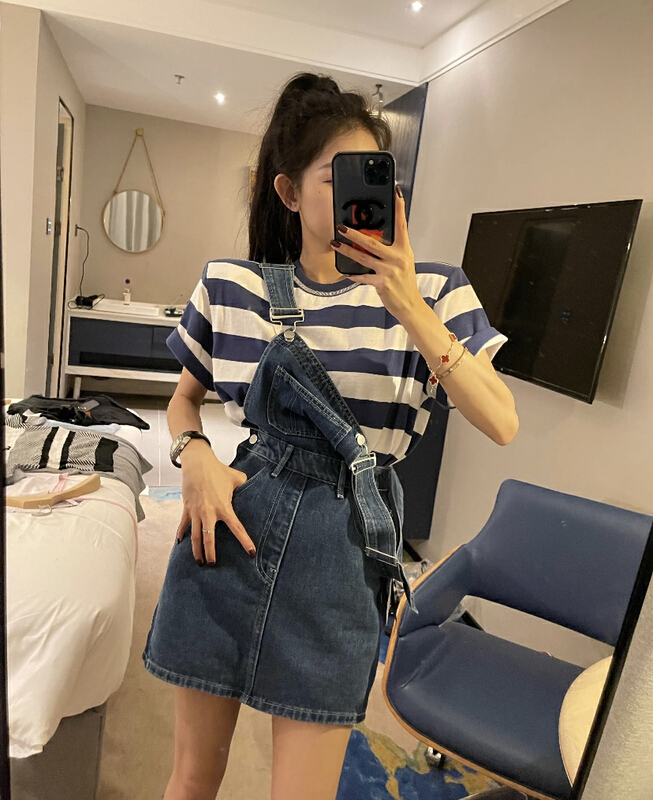 In early summer! [y.jia EJA] simple stripe short sleeve + slim fit versatile strap skirt set ys1-5597\pcz