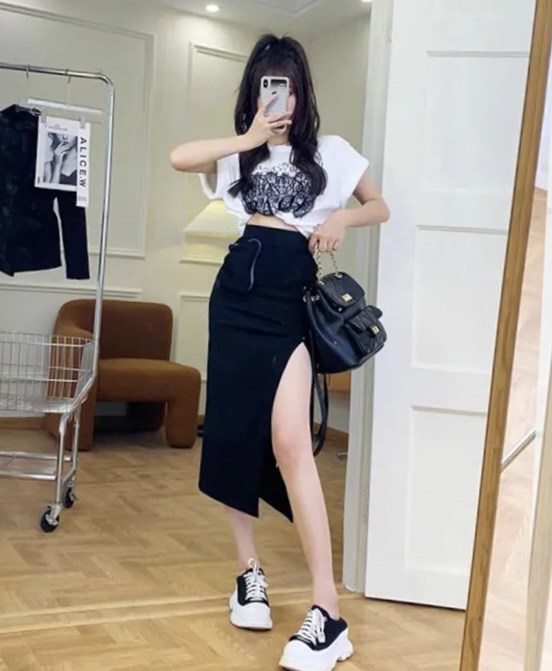 [JH] letter printed short sleeve T-shirt + Split skirt set 41929\pcz