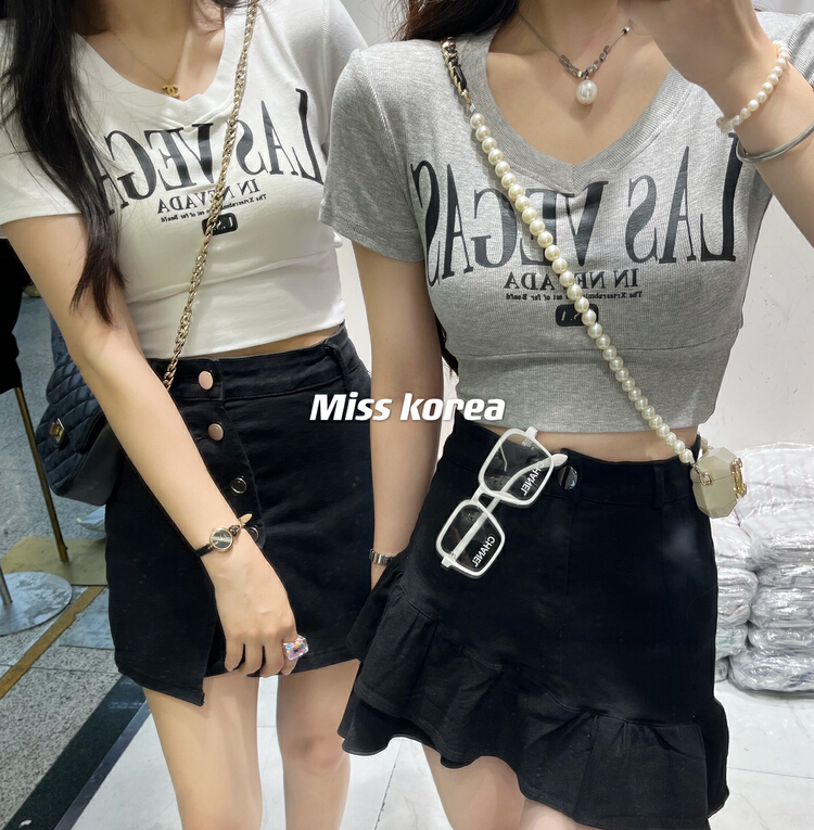 [Miss Korea] letter print loose short sleeve T-shirt 6908\hbx