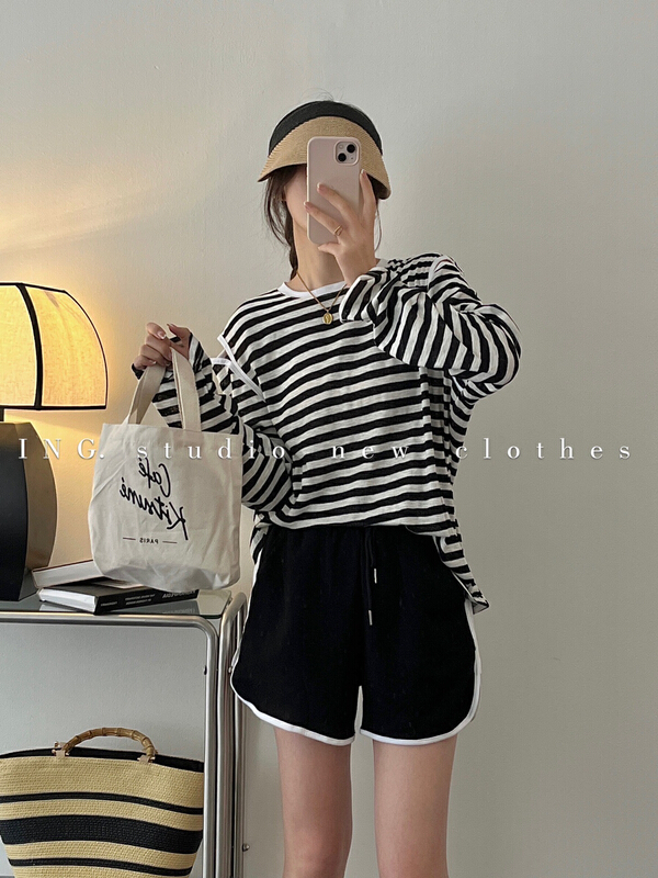 [ing] Korean leisure simple design suit striped knitted sunscreen shirt and shorts ing-7856