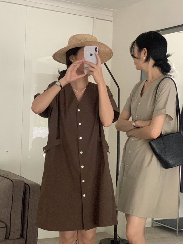 [clean space] Korean solid color breasted V-neck dress 27881\cqw