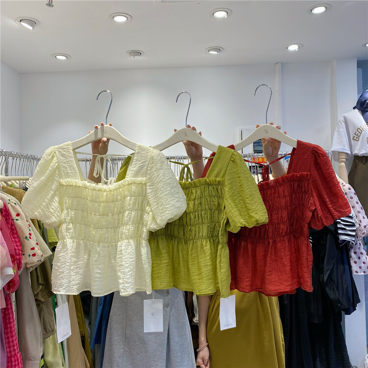 [OA] casual simple solid color square neck bubble sleeve shirt 1296\xyy