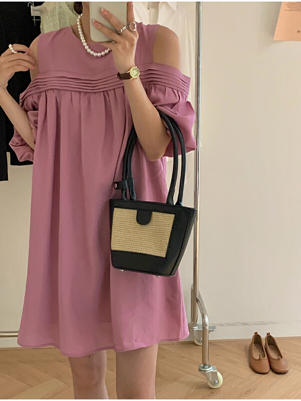 [the mind] round neck off shoulder crimp design high-level dress 60522\jhy