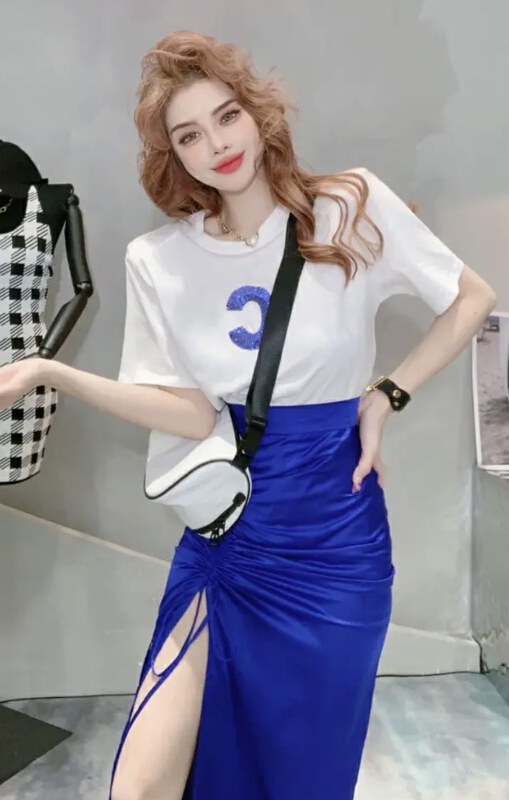 [JH] leisure simple beaded letter short sleeve + Korean simple drawstring split skirt set 41874\pcz