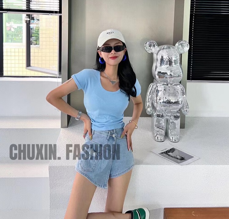 [c.x original heart] design sense side fold cotton thread U-neck short sleeve T-shirt 6225\wtt
