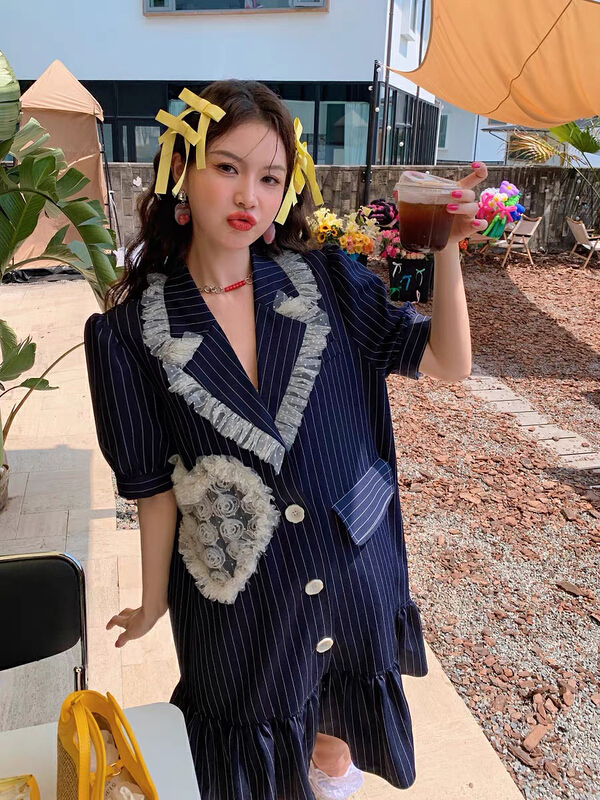 [Huaxi] French short sleeve suit collar patchwork dress 9152\pcz