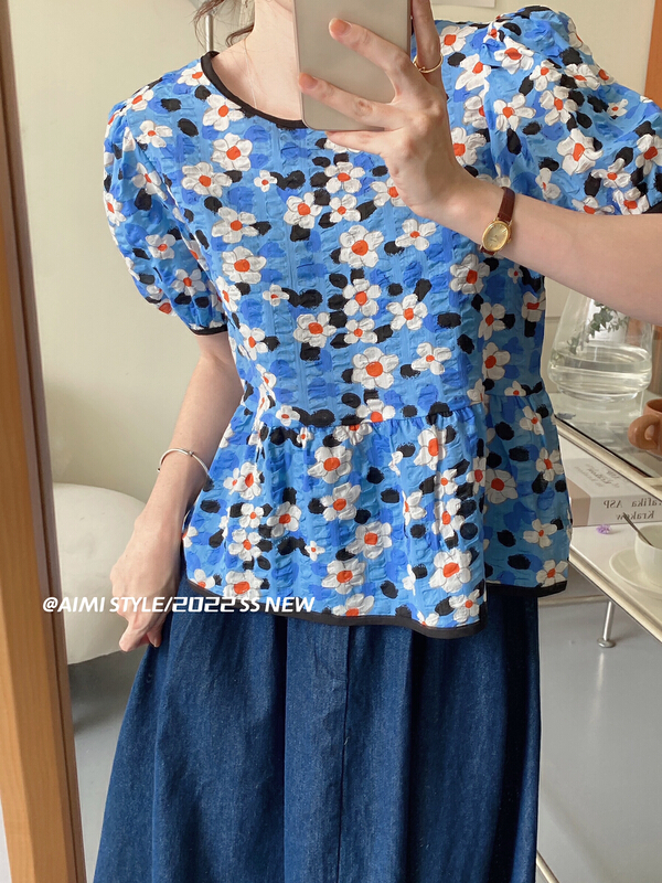 [aimistyle] ladies' design bubble sleeve floral shirt 10957\hbx