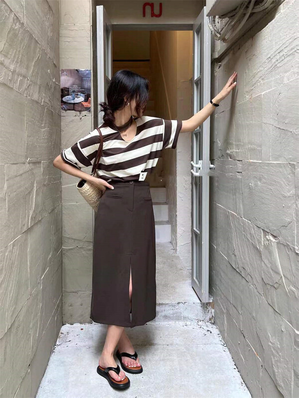 [Xiangli] leisure simple stripe loose short sleeve + Korean slim comfortable slit skirt set 8525\pcz