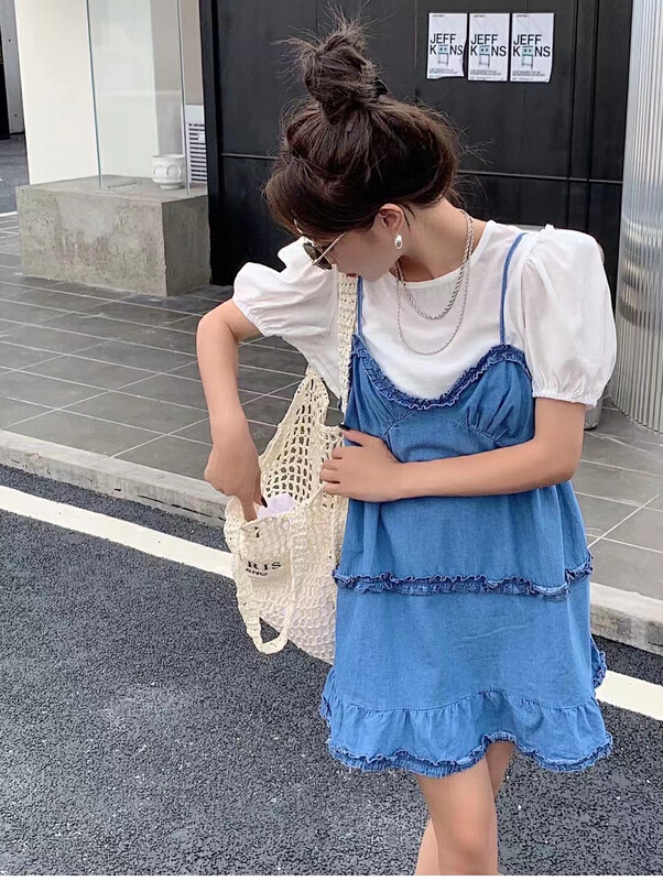 【 lidada 】 temperament bubble sleeve shirt ➕ Denim suspender skirt suit 3015\hbx