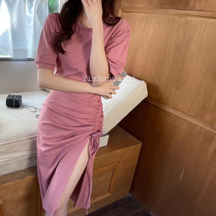 [clothing world] temperament round neck split dress 295\hjy
