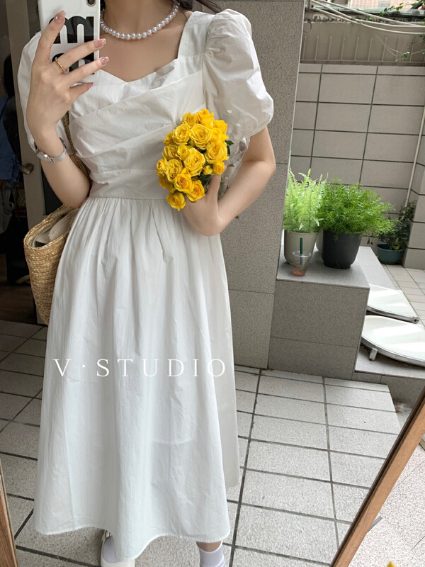 [v.studio] Korean fresh square neck dress 6660\zjy