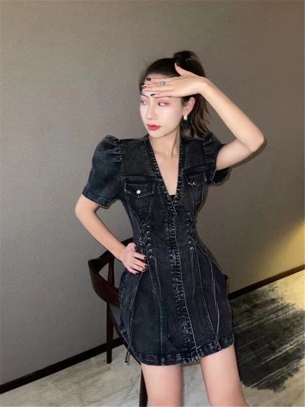 In early summer! [big C studio] Korean bubble sleeve zip strap denim dress 5022\pcz