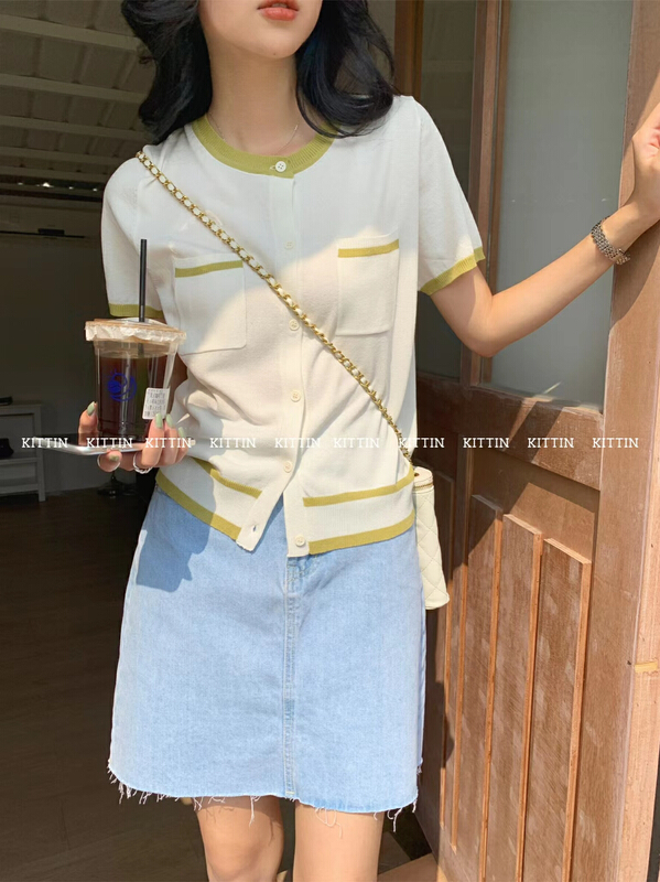 【 Kittin 】 Korean linen double pocket short sleeve sweater 1302