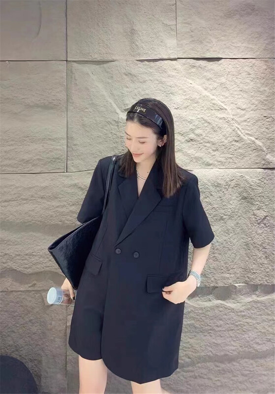 [semi plain] Lapel double row button short sleeve suit Jumpsuit a830\zjy