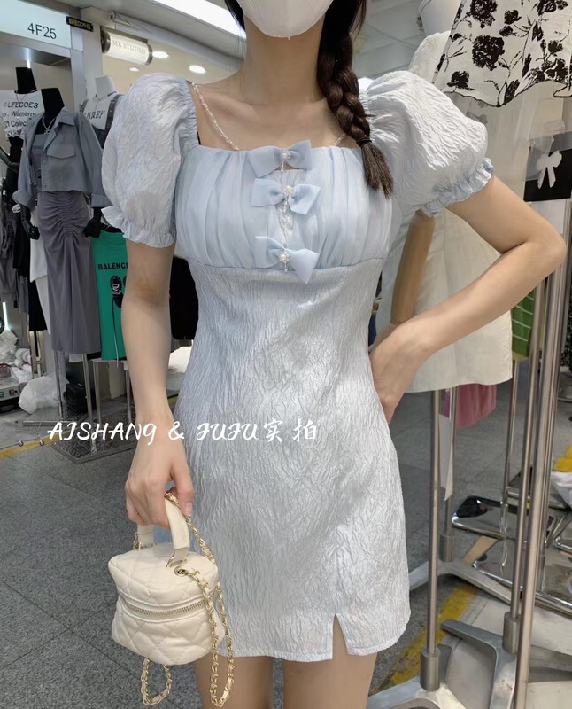 [AI Shang] square neck bubble sleeve solid dress 98181\hjy