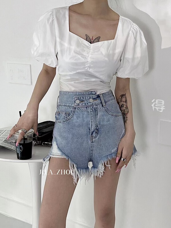 【 aus 】 solid color washed raw edge denim shorts 6907\pcz