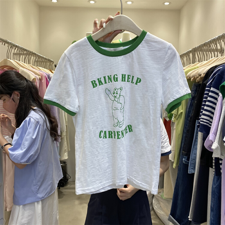 Original price 32.71! 【E】 Contrast round neck letter short sleeve T-shirt 18016\xyy
