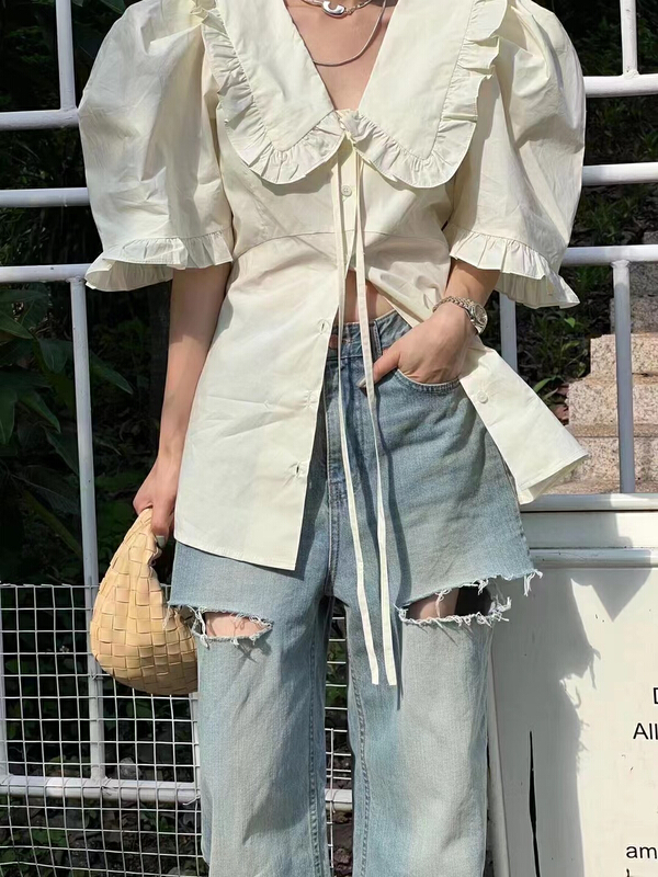 [keen k] French Ruffle Lapel button up bubble sleeve shirt s101\wtt