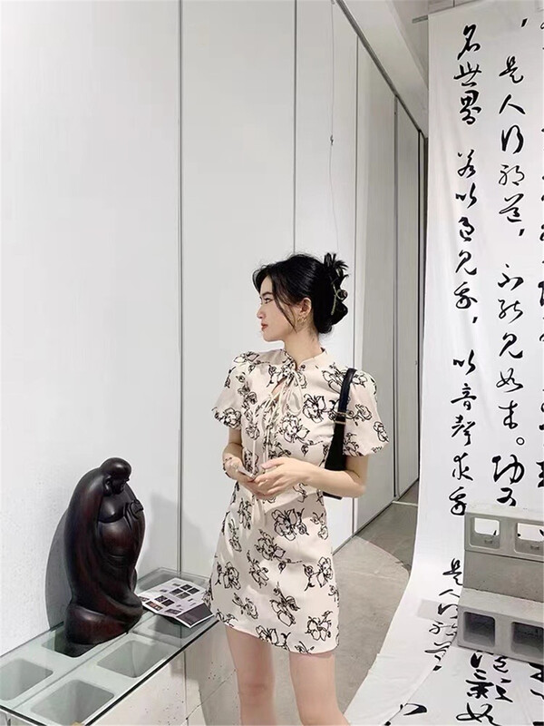 [MS studio] retro floral bubble sleeve slim dress 3684\pcz