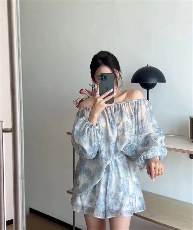 [OA] Korean Tencel off shoulder shirt + high waist versatile Shorts Set 1509\xyy