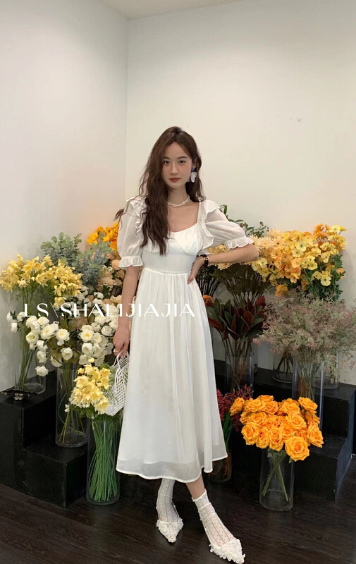【 LS 】 French square neck and ear edge dress 8377-1\jhy