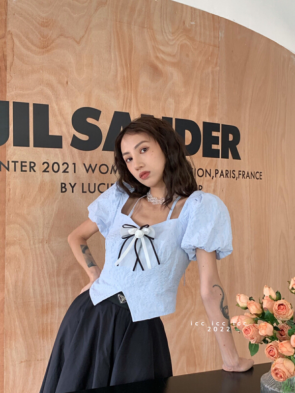 [ICC] French bubble sleeve three-dimensional flower shirt (with detachable flowers) 8231\pcz