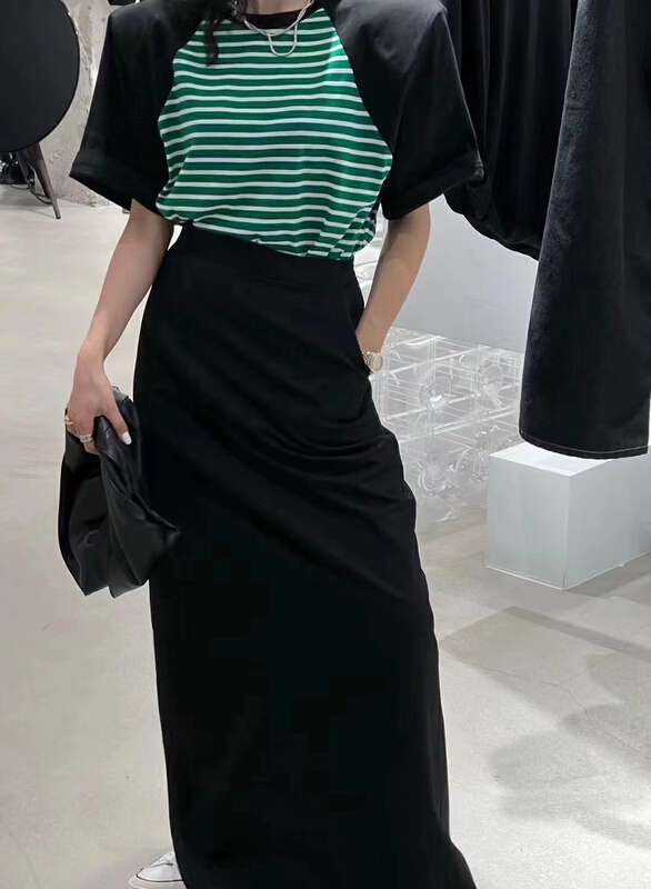 [keen k] large shoulder pad color contrast stripe short sleeve T-shirt t46\wtt
