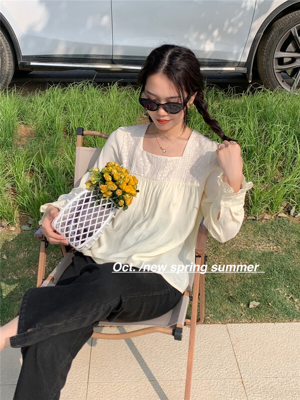 New year in early spring! [OCT] Korean style stitched Square Neck Shirt 1518\hjy