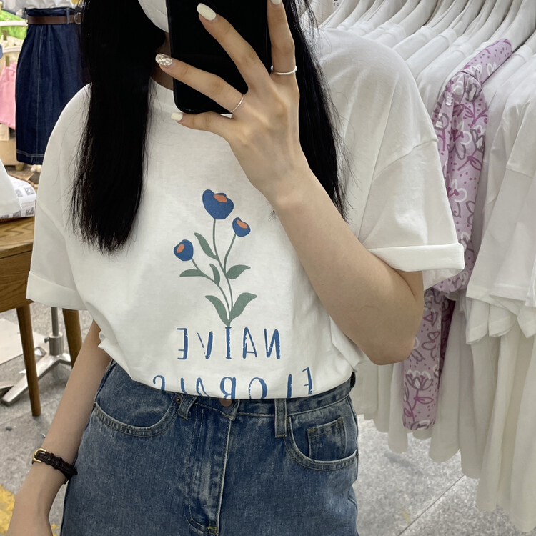 [Li Bai] Korean chic simple casual round neck flower letter print design loose short sleeve T-shirt 2618-6\ll