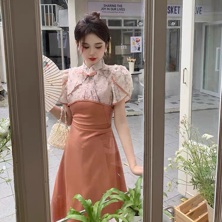[Huaxi] new Chinese stand collar shirt + medium length suspender dress suit 9218\pcz