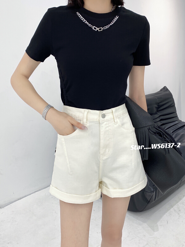[star] Korean brand simple elastic waist denim shorts ws6137