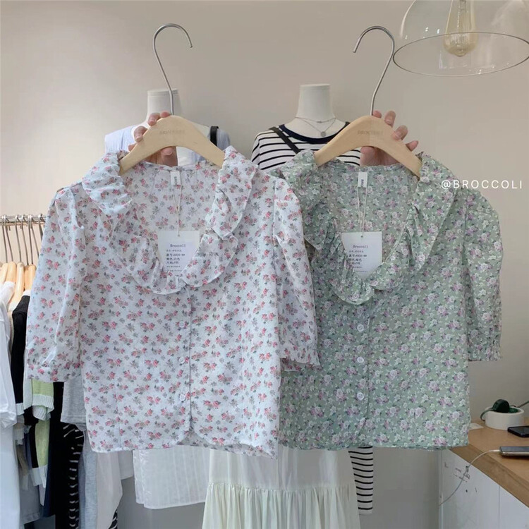 Original price 43.99! 【 broccoli 】 short shirt with ruffle edge and floral temperament ys1-6830\zjy