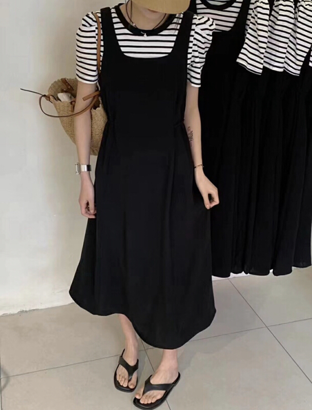 [Xiaolu family] fashion striped blouse + suspender vest long dress suit 80603-1\wtt