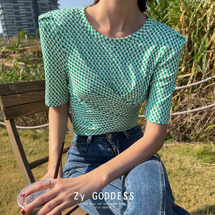 New year in early spring! [ZY] original design fashionable solid color checkerboard Plaid pleated short sleeve shirt 68072\ozq