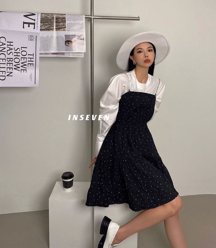 Original price 213.69! [inseven] fashionable Palace Dress + solid color versatile shirt suit (with sling chain) 23985\ozq