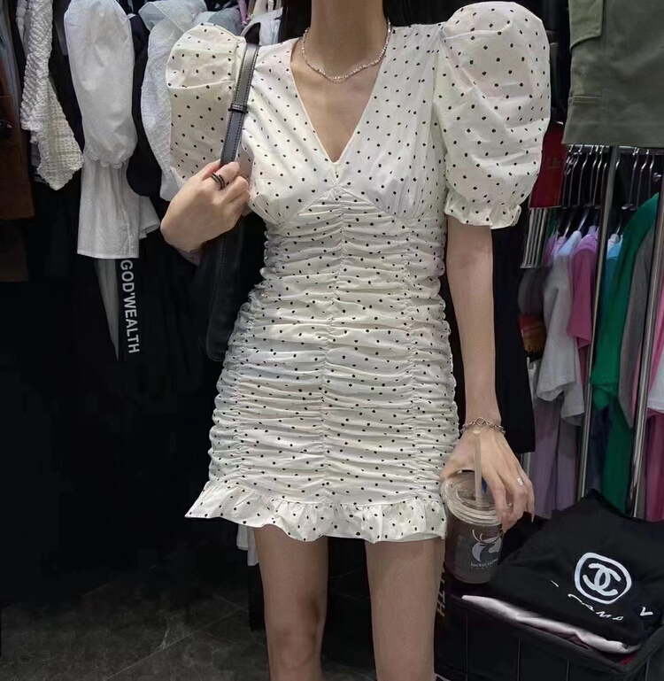 [MI] Korean V-neck bag hip Polka Dot Dress (only dress) 9758\pcz